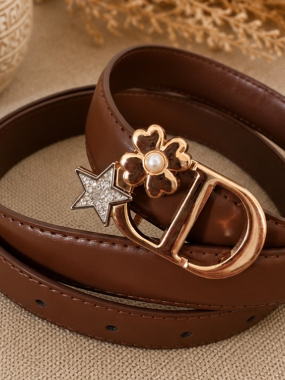 Designer Inspired Brown  Belt | Gold Buckle |  43” Adjustable